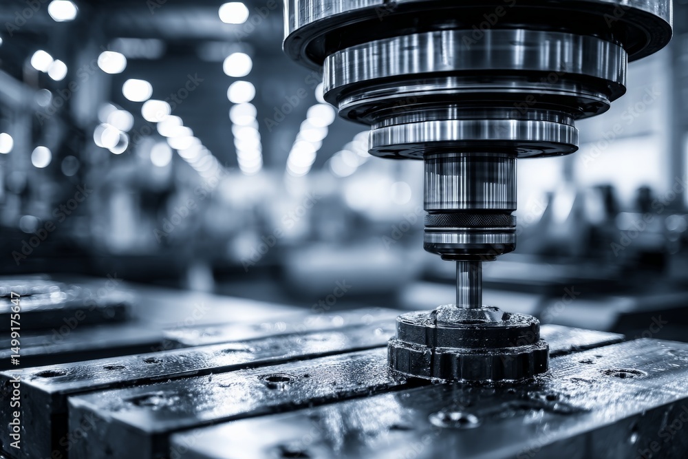 Poster precision machining tools are actively utilized in a manufacturing facility during daytime operation