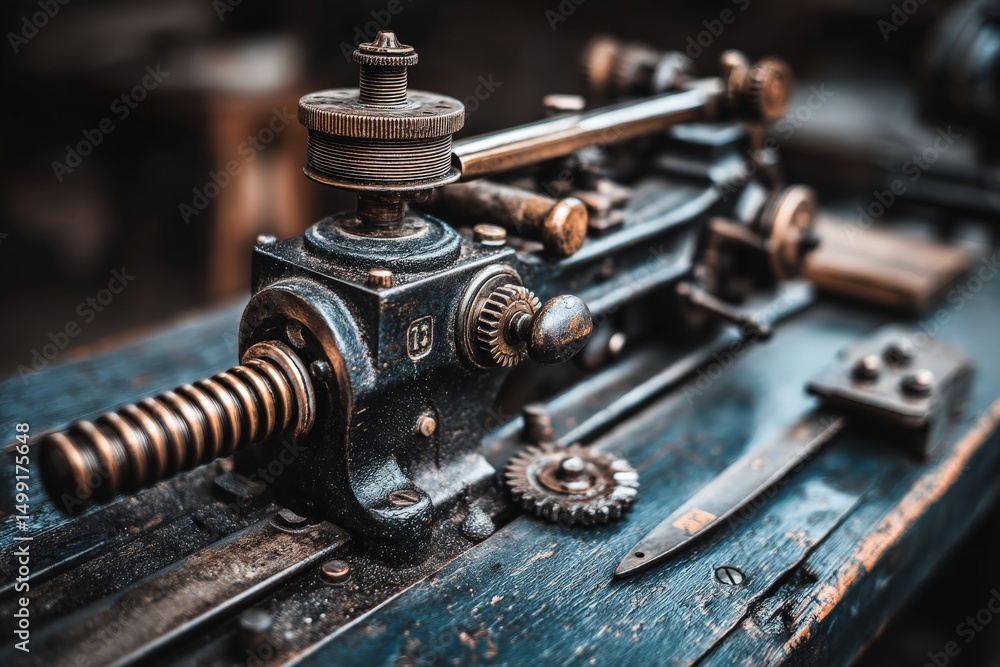 Poster vintage metal lathe on wooden workbench showcasing intricate details and craftsmanship in a workshop