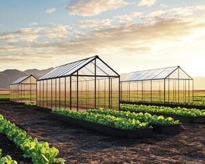 Obraz premium A picturesque landscape of greenhouses and thriving lettuce crops.