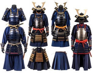 Fototapeta premium Collection of traditional warrior armor sets displayed with intricate detail and varying designs against white background