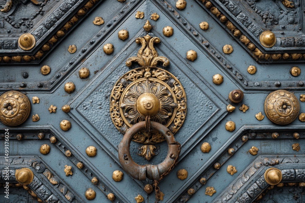 Poster intricate details of an ornate door featuring a metal knocker and decorative elements in a historica