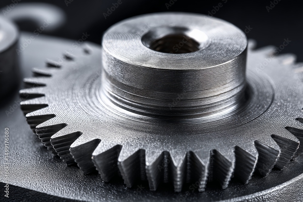 Poster close-up view of a metallic gear reflecting light in a mechanical workshop setting
