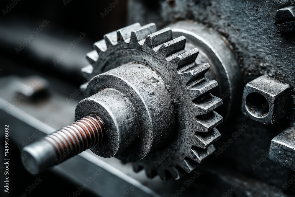 Poster detailed close-up of a rusty gear on a vintage machine in a workshop during daylight