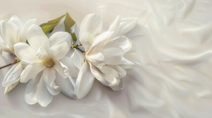 A bouquet of white magnolias on a clean, soft cream table, their large, velvety petals creating a timeless and elegant look.