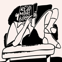 Young woman sitting on armchair and reading a book. Comfortable pose. Relax, stay home, education, coziness, rest, hobby, lazy time concept. Hand drawn Vector illustration. Isolated design element