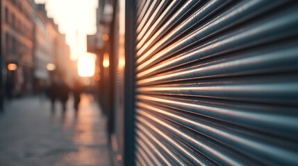 A metallic shop shutter reflects the warm light of sunset on a quiet city street with distant silhouettes of people.