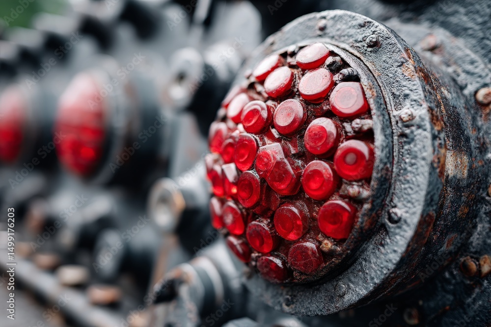 Poster close view of vintage railroad signal lights showcasing rust and red glass lenses at a historical ra