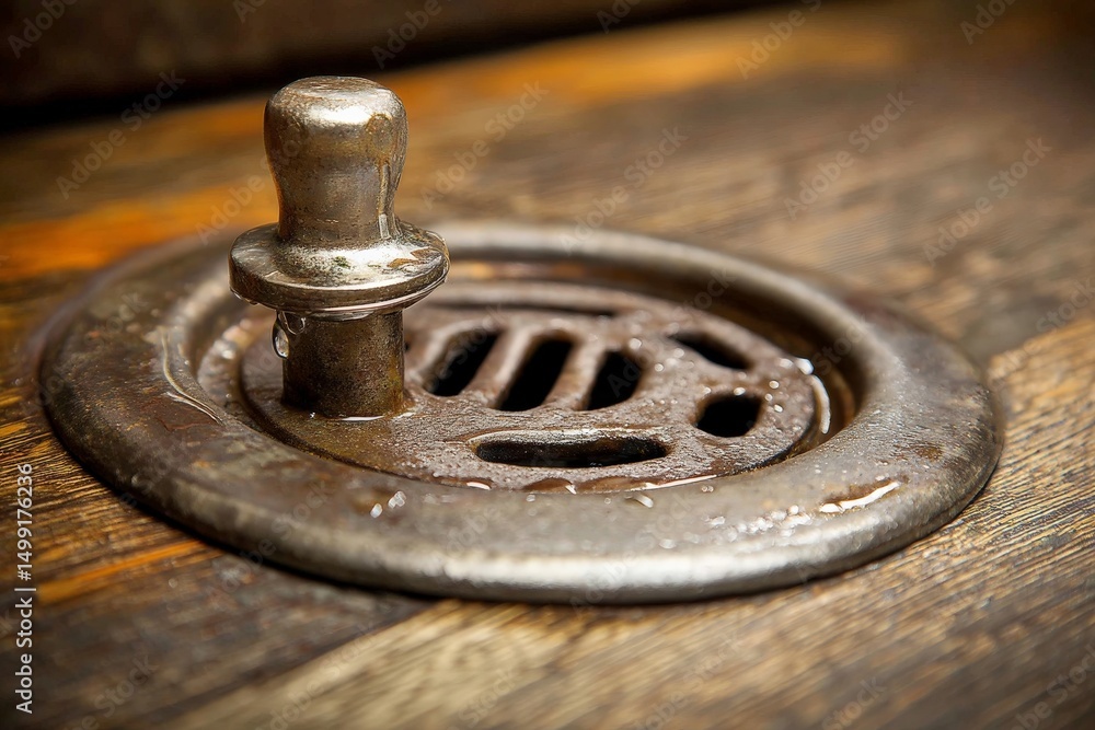 Poster close-up view of a metallic drain cover on rustic wooden surface with droplets of water