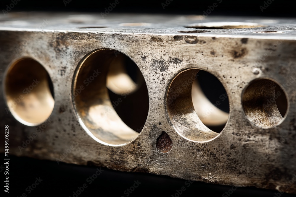 Poster Close-up view of a metallic engine part showcasing detailed craftsmanship and precision holes during machining process