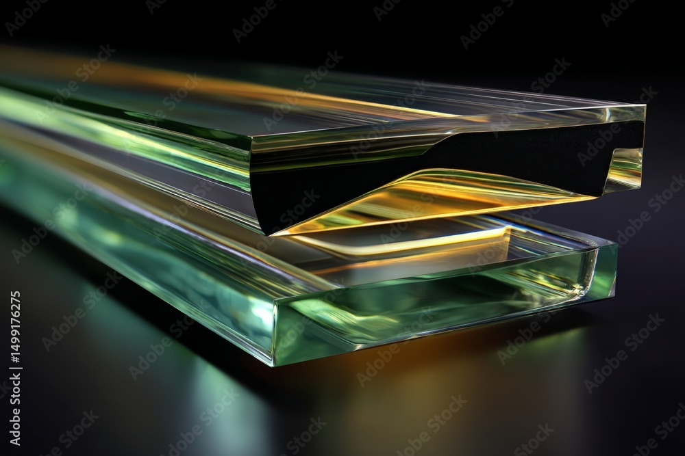Poster glass sheets layered with vibrant colors showcasing intricate reflections and edges in an artistic a