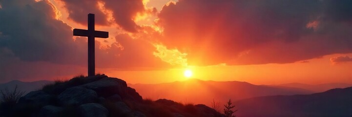 Obraz premium A somber yet hopeful depiction of Good Friday; a cross silhouetted against a sunrise, conveying peace and sacrifice Perfect for religious or spiritual themes , tranquil, faith