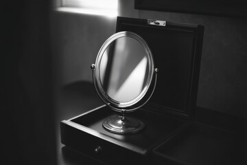 Elegant tabletop mirror in a softly lit room with a wooden box during morning light