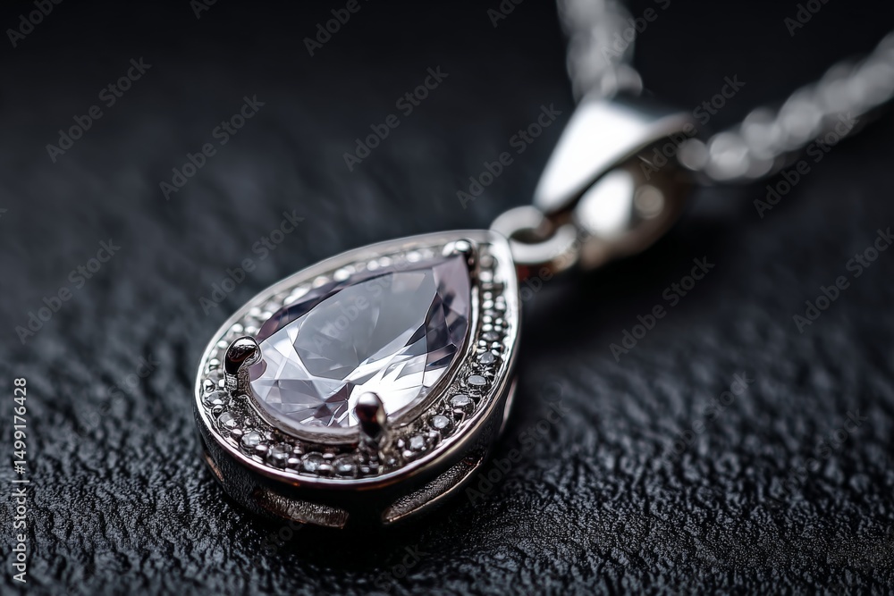 Poster Elegant silver necklace with a pear-shaped gemstone resting on a textured surface