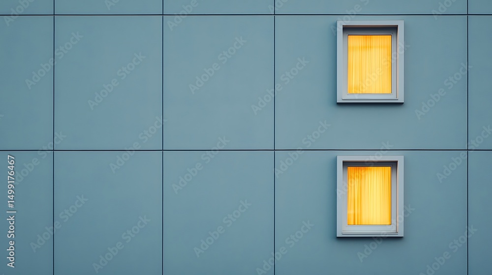 Poster minimalist building facade with two square windows featuring yellow curtains on a blue grid-patterne