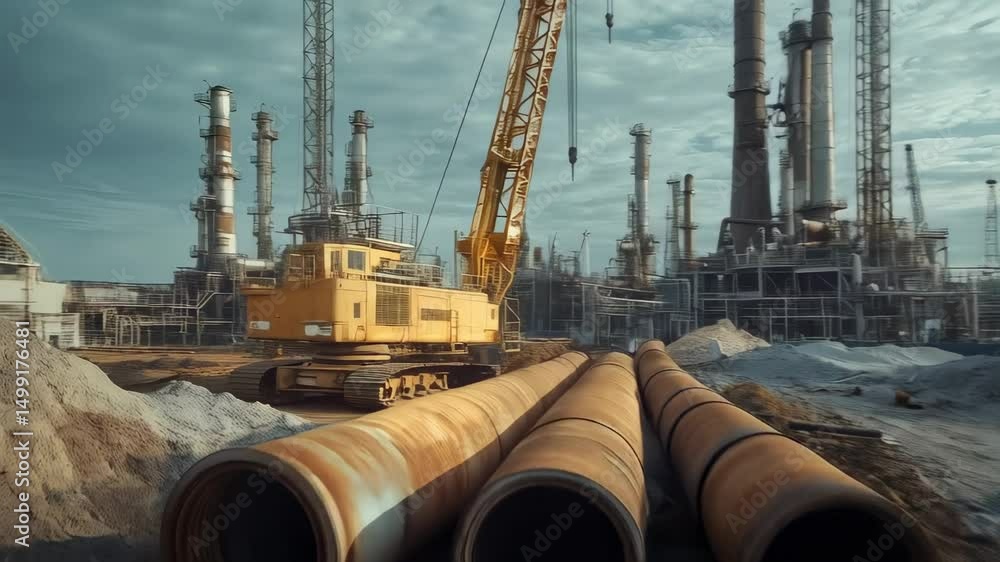 Poster Large rusty pipes lying on the ground in front of an oil refinery with a crane operating and cloudy sky in the background, suggesting industrial activity and potential environmental impact
