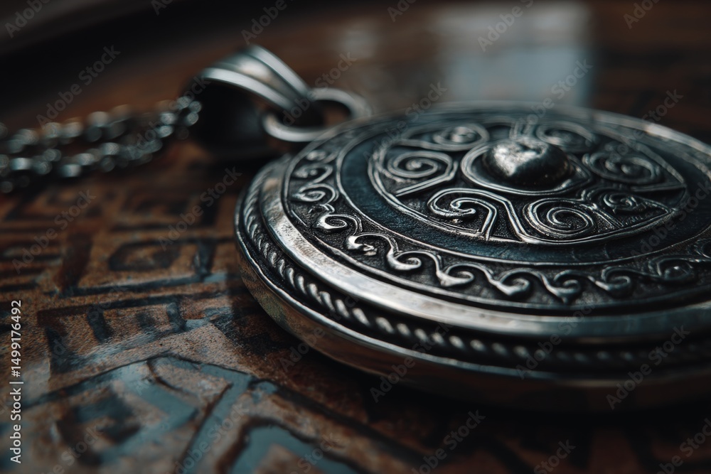 Poster detailed view of an intricately designed metallic pendant resting on a carved wooden surface