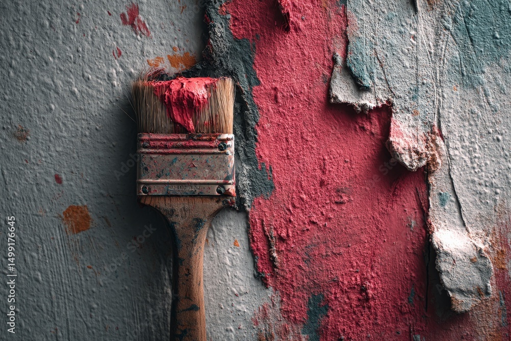 Poster paintbrush resting against textured wall with peeling layers and vibrant red paint in a renovation s