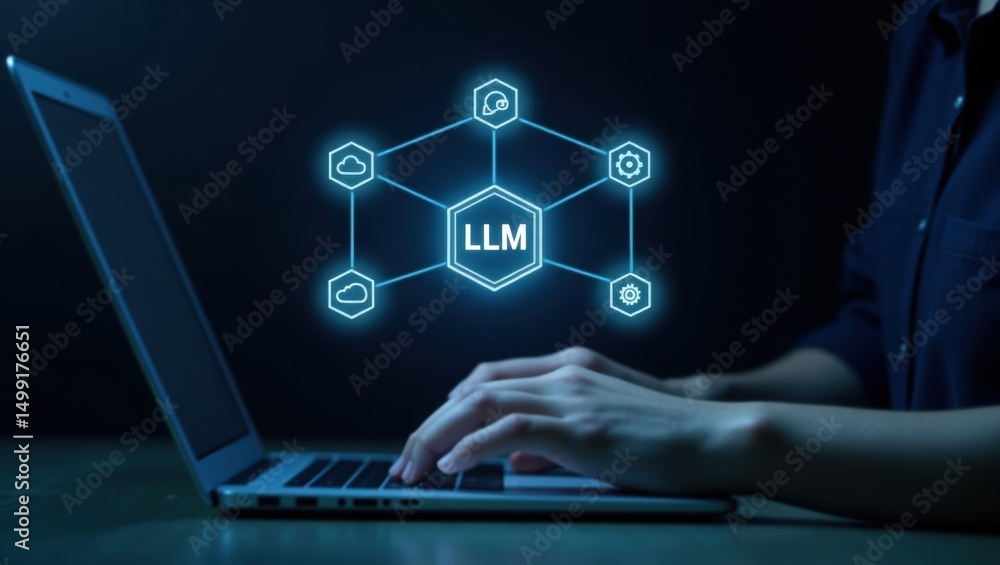 Poster a network diagram of an llm displayed on a laptop.