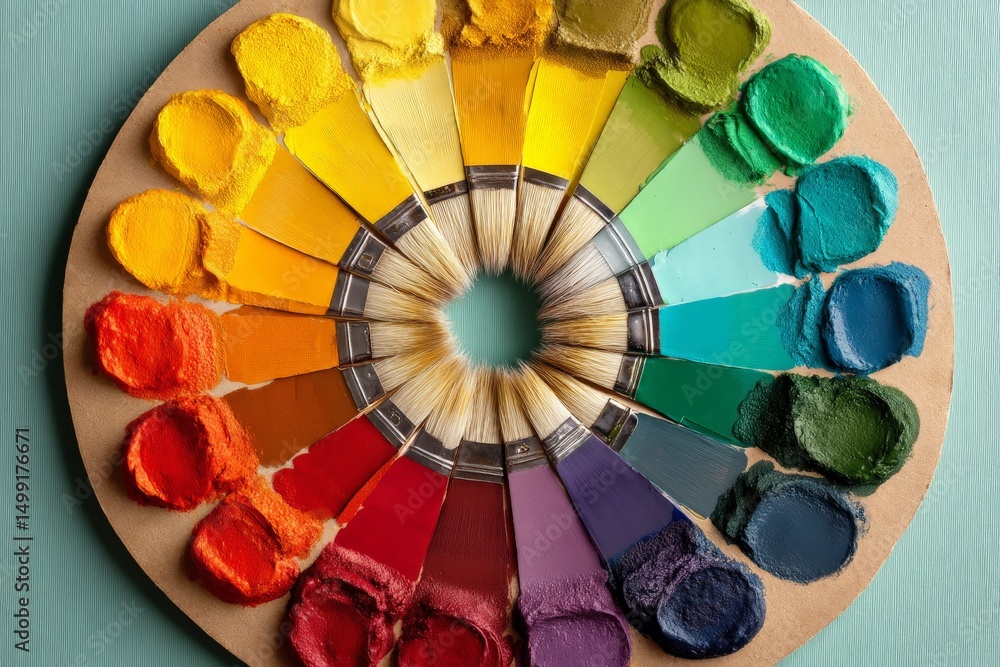 Poster vibrant color palette arranged with brushes and pigments on a circular board showcasing artistic too