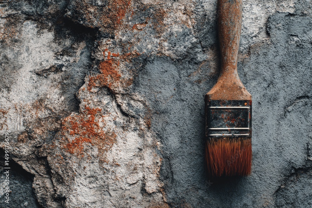 Aufkleber rustic paint brush resting against textured wall highlighting weathered surfaces and artistry in res