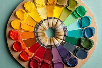 Obraz premium Vibrant color palette arranged with brushes and pigments on a circular board showcasing artistic tools