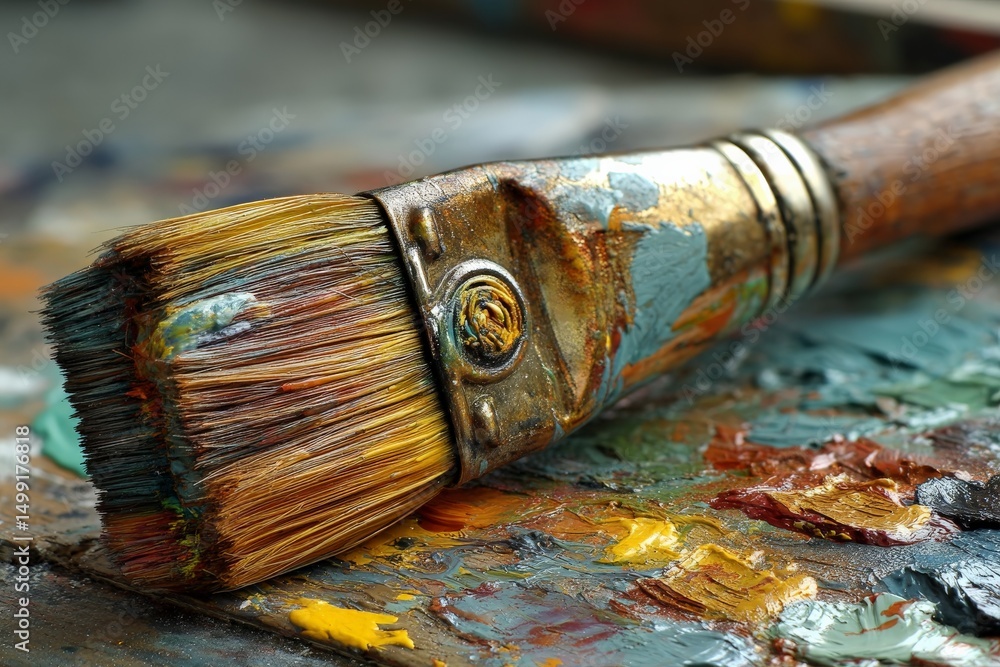 Poster colorful brush resting on a palette of paint during an artistic creation process in a studio environ