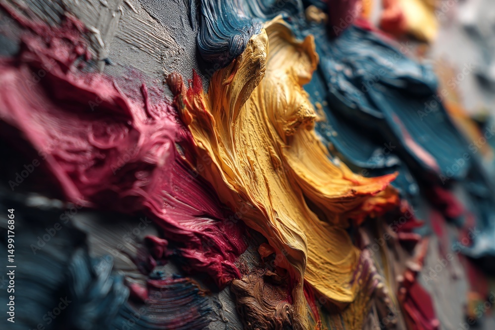 Poster Colorful oil paint textures swirl together in an abstract design creating vibrant patterns on canvas