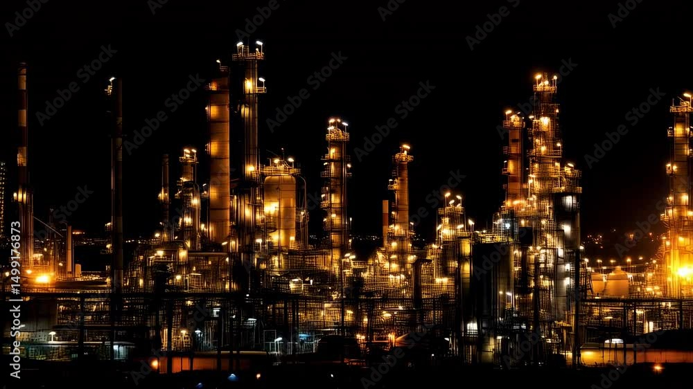 Poster oil refinery operating at night, brightly illuminated and showcasing a complex network of pipes, tow