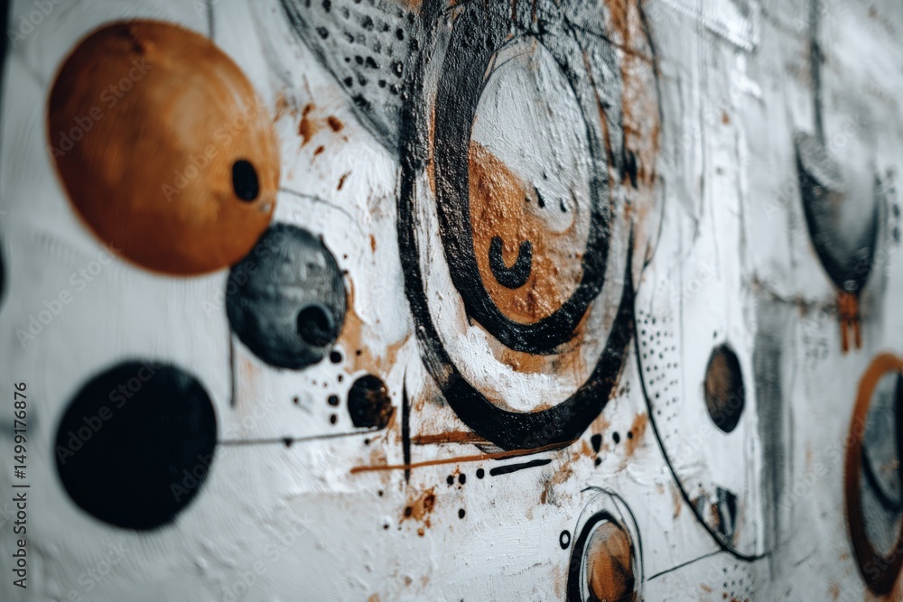 Poster Dynamic wall mural featuring circular patterns and abstract designs in an urban setting during daylight