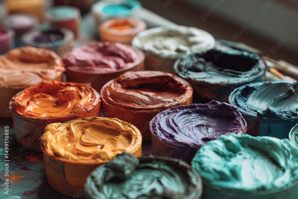 Aufkleber various colorful paint containers arranged on a table during an art activity in a sunlit studio spac