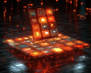 Two glowing phones showing data and icons on a reflective surface. For technology, coding, futuristic concepts, or mobile application design.