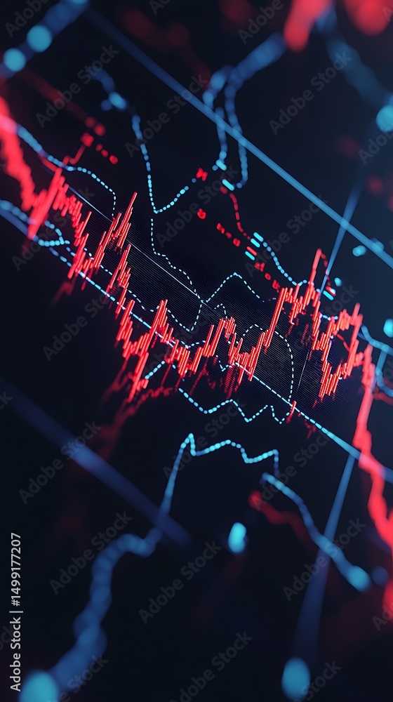 Poster a digital graph displays fluctuating red and blue lines on a dark background, representing financial