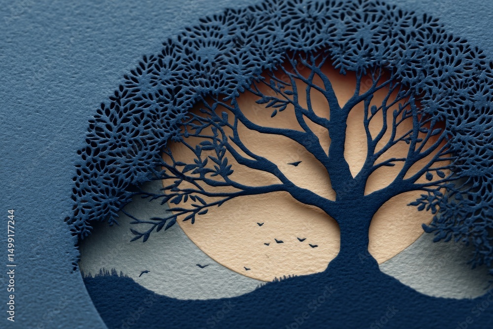 Poster intricate paper art showcases a tree silhouette against a colorful background featuring a serene lan