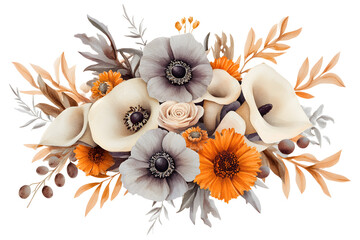 Autumn watercolor floral bouquet with orange marigold anemone calla lily and beige rose isolated on transparent background