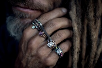 Dynamic man’s hands adorned with jewel rings  
