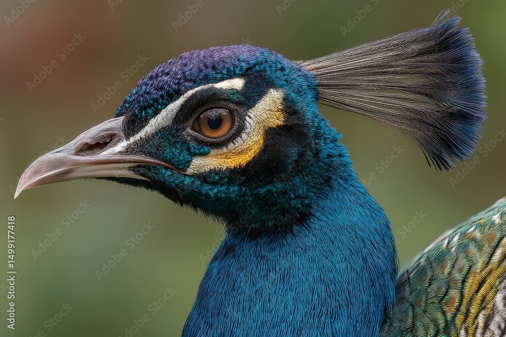 Poster vibrant peacock displaying intricate feather colors during daytime at a wildlife sanctuary
