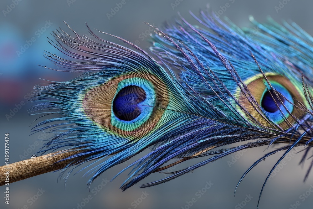 Poster peacock feather showcases vibrant colors and intricate patterns in natural light