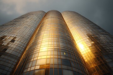Vibrant modern skyscraper with golden glass facade  
