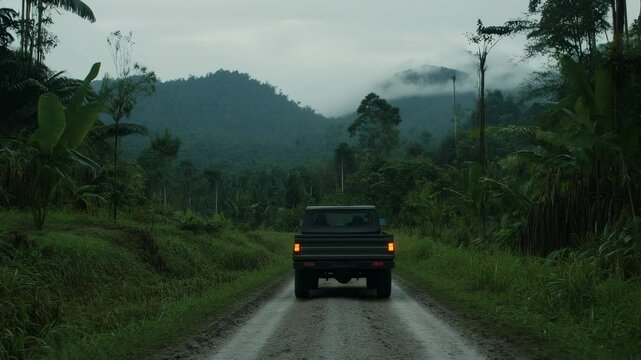 A rugged pickup truck navigates a narrow dirt road surrounded by dense vegetation and towering mountains.