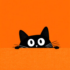 A flat illustration of a black cartoon cat with round eyes peeking from under a blanket-like shadow on a vivid orange surface, copy space for text.