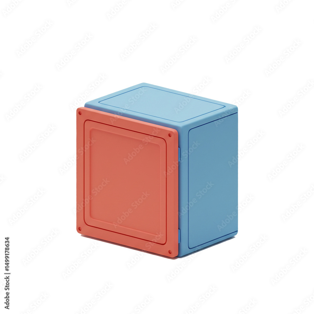 Poster abstract 3d render of a two-tone cube with a coral red panel and a light blue shell, ideal for minim
