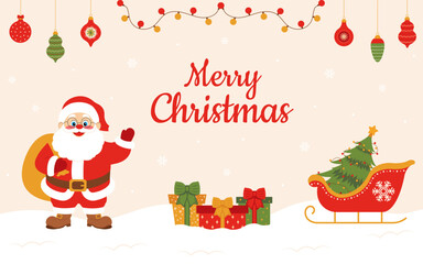 Christmas background. Banner with christmas elements, tree, sleigh and santa claus.
