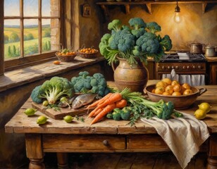 Fresh vegetables, fruits and fish in a cozy kitchen.