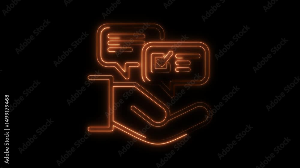 Poster hand holding speech bubbles with text and checkmark symbol neon animation