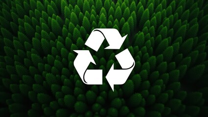 Recycling symbol set against a backdrop of stylized green foliage.