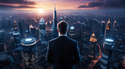 Obraz na płótnie Canvas Businessman contemplating a modern cityscape at sunset