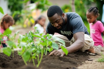 Black Community Leader Teaching Urban Gardening to School Children