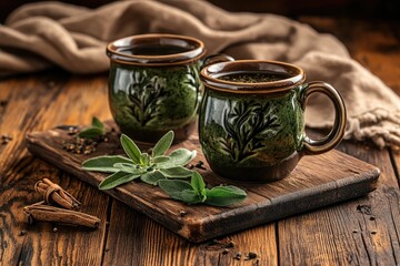 Two mugs of herbal tea, adorned with a green floral design, sit on a wooden cutting board, alongside fresh sage and cinnamon sticks