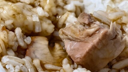 Close-Up of Tender Chicken Over Steamed Rice with Savory Sauce in a Bowl Ready to Serve for a Delicious Meal