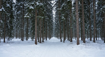 Fototapeta premium Serene Winter Forest Snow-Covered Pine Trees Pathway